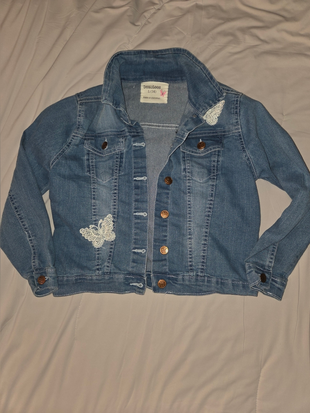 Beautees Blue Jean Jacket with Lace Butterfly Appliqués